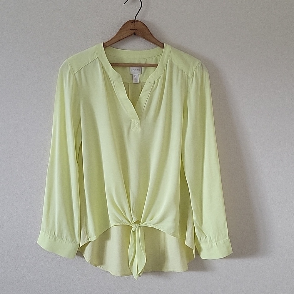 Chico's Light Chartreuse Yellow Tie Front Popover‎ Blouse Size Small S